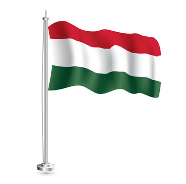 Hungarian Flag. Isolated Realistic Wave Flag of Hungary Country on Flagpole.
