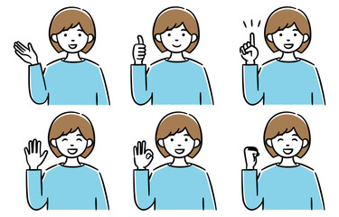 様々なポーズをとっている若い女性のシンプルイラストセット