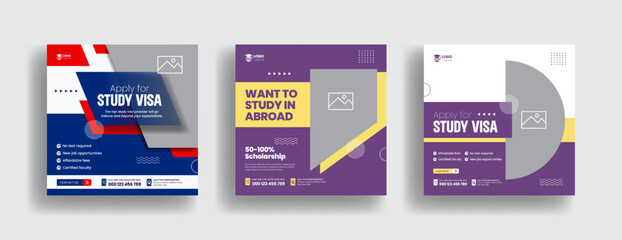 Modern social media post for study abroad and study visa banner ads template bundle, higher education and school admission template promotion square flyer or poster design collection pack