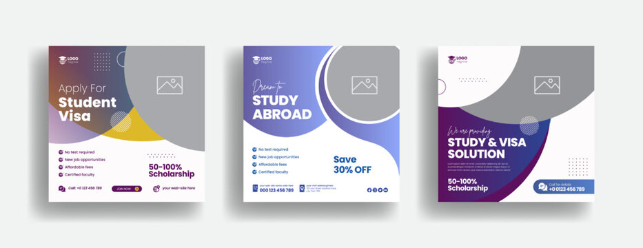 Modern Social Media Post For Study Abroad And Study Visa Banner Ads Template Bundle, Higher Education And School Admission Template Promotion Square Flyer Or Poster Design Collection Pack