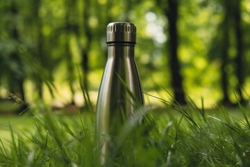 Water bottle. Reusable steel thermo water bottle on green grass. Sustainable lifestyle. Plastic...