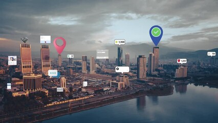 Social media and notification icons over the cities. social network concept. High quality 4k footage - Powered by Adobe