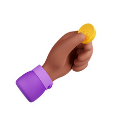 3d render black hand holding golden coin between fingers isolated on white background. Money savings, alms, donation, payment, income, earnings, finance concept. Illustration in cartoon plastic style