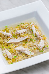 broth with chicken meat, barley groats and yellow peas
