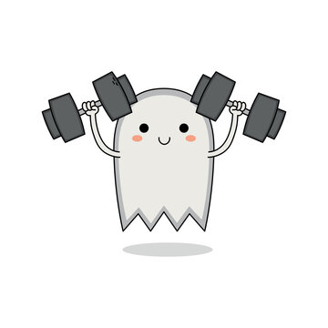 Cute ghost cartoon character lifting dumbbell