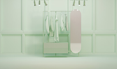 Clothes on grunge background,mirror and shelf on cream background. Collection of clothes hanging on a rack in pastel green colors. 3d rendering, studio, store and bedroom concept	