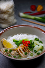 pho soup with chicken meat and vegetables