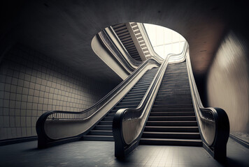 a building's modern escalator that is deserted. Generative AI
