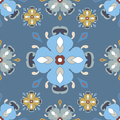 Fototapeta na wymiar Patterned azulejo floor tiles. Abstract geometric background. Vector illustration, seamless mediterranean pattern. Portuguese floor cement tiles design. Colored tiles stensil