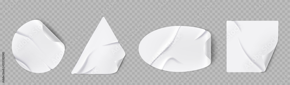 Poster white stickers with curl corners and wrinkles. peeling off sticky notes, crumpled paper labels circl