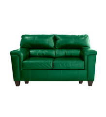 Bottle green leather sofa isolated. Loft furniture. Small bottle green leather couch on the white background