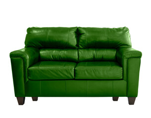 Green leather sofa isolated. Loft furniture. Big green leather couch on the white background