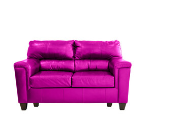 Magenta leather sofa isolated. Loft furniture. Small pink leather couch on the white background