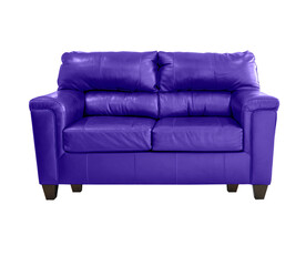 Purple leather sofa isolated. Loft furniture. Small purple leather couch on the white background