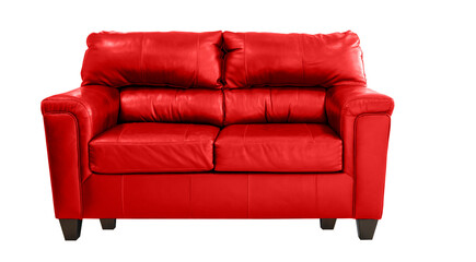 Red leather sofa isolated. Loft furniture. Small red leather couch on the white background