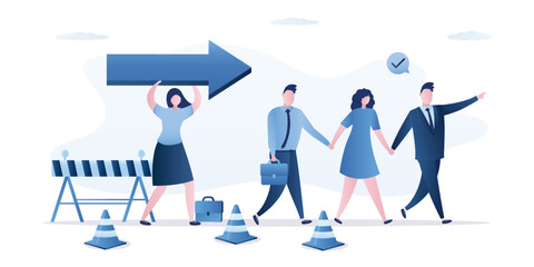 Boss or leader showing right direction for business team, warning about wrong ways. Road sign and traffic cones. Business training, coach uses big arrow. Corporate guidance