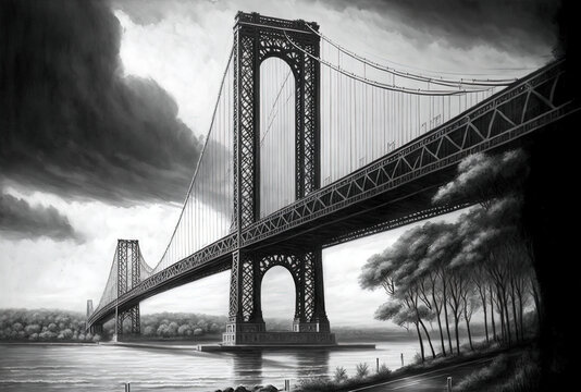 Black and white image of the George Washington Bridge. Generative AI