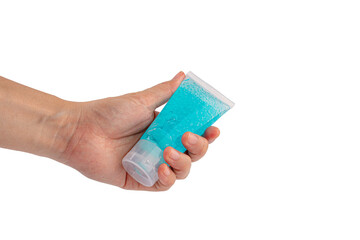 hand with alcohol gel or hand sanitizer pump bottle for washing hand in hospital or public area. on transparent background.