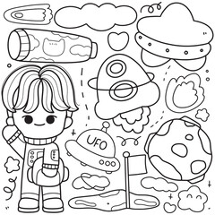 space kids outline, coloring page vector illustration 