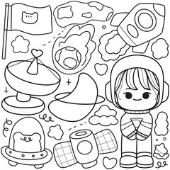 space kids outline, coloring page vector illustration 