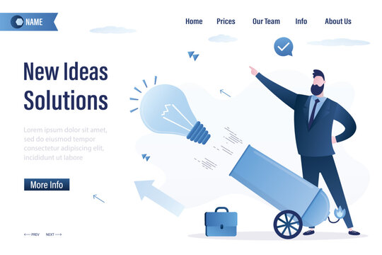 New ideas solutions, landing page template. Brainstorming, confident businessman shoots glowing light bulb from cannon. Ideas pitching