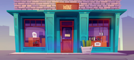 Wine shop facade, alcohol production store front, city architecture building with signboard on closed door and large windows with bottles on rack. Small retail market, Cartoon vector illustration