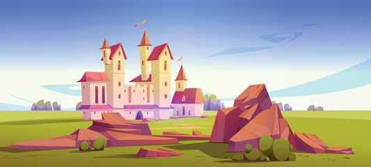 Medieval castle on green field, magic fairy tale palace with turrets and flag on roof on scenery summer landscape with rocks. Fantasy fortress under blue clear sky, Cartoon vector illustration © klyaksun