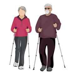 Elderly couple performing Nordic walking with stikcs Vector illustration.Senior characters doing sport.Grandmother and grandfather training together.Old people activity.