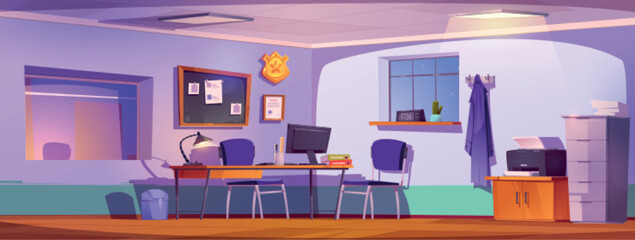 Detective office interior at night time. Police workplace cabinet with computer on desk, board with evidences of crime, window into interrogation room and coat on hanger. Cartoon vector illustration