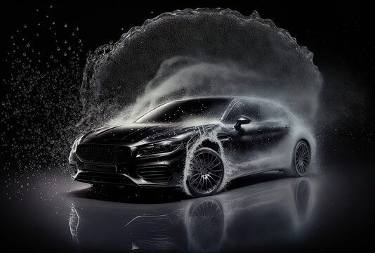 Black car being cleaned with soap car washing concept vehicle at carwash being sprayed with water. Generative AI