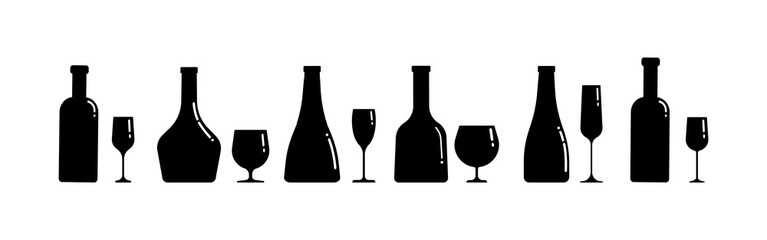 A set of silhouettes of alcohol bottles and glasses of different shapes. Horizontal banner. Vector clip art isolate on white