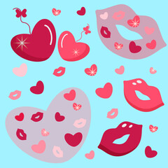 Set of hearts and lips. Valentine's Day. Card. Vector design. Set of hearts of different colors and types