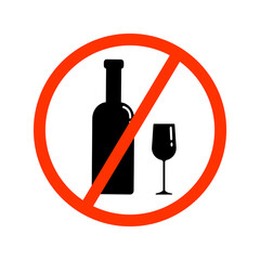 A set of black silhouettes of a bottle and a glass in a red crossed out circle. Vector clip art isolate on white. Alcohol ban illustration.