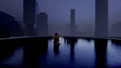 alone in the darkness of foggy places liminal space 3d render