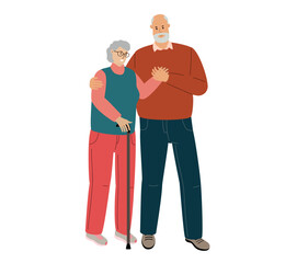 Old man carefully supports his wife with cane. Elderly couple stands together. Flat cartoon vector illustration isolated on white background