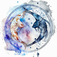 Delicate illustration of an astrological sign of Pisces, in soft pastel color on white background. Ideal for astrological and divinatory applications.