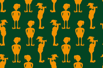 Seamless pattern with elf silhouette in boots with pompoms and a cap with a pipe in his hands. Santa Claus's assistant. Print for wallpaper and bed linen.