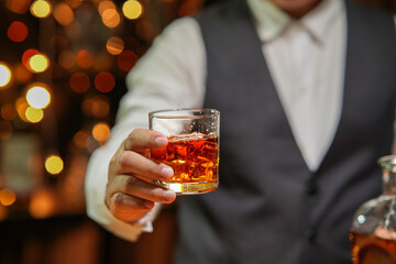 Bartender Serve Whiskey, on wood bar, 
