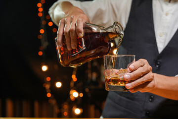 Bartender Serve Whiskey, on wood bar, 