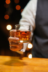 Bartender Serve Whiskey, on wood bar, 