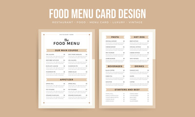Vintage food menu card design, minimal restaurants food menu template, luxury vertical menu design