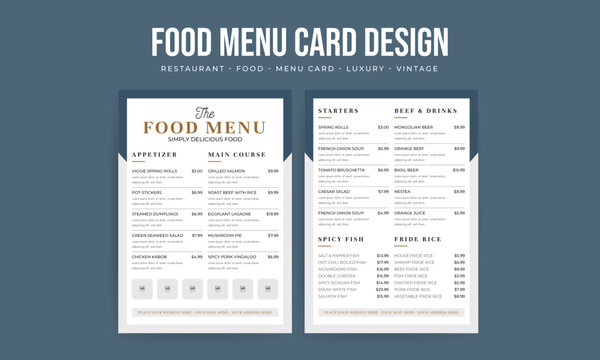 Vintage food menu card design, minimal restaurants food menu template, luxury vertical menu design