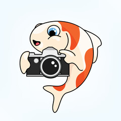 vector illustration of a Koi fish taking a photograph using a vintage camera