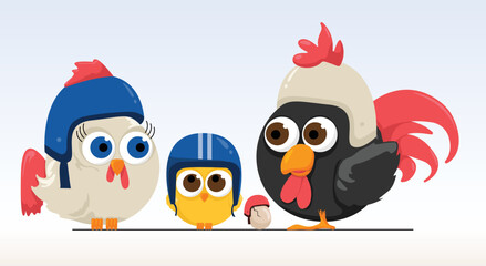vector illustration of a chicken, rooster, chick and an egg wearing helmets