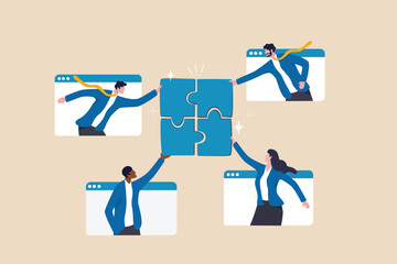 Work together, teamwork or collaboration to solve problem, hybrid work conference call to success together, partnership concept, businessman and woman colleagues connecting jigsaw pieces together. - obrazy, fototapety, plakaty