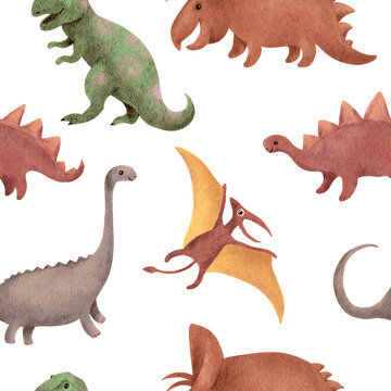 Dinosaur pattern in neutral subtle colors. Dino seamless background in pale tones. Kids, baby nursery design. Watercolor repeated backdrop