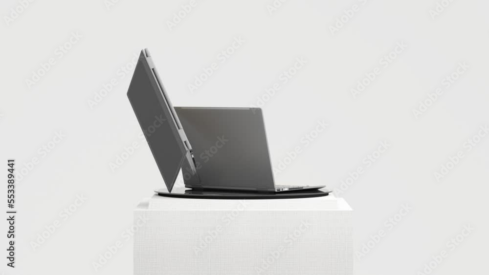 Poster a slowly rotating laptop is displayed on the display stand. on a white background use it for marketi