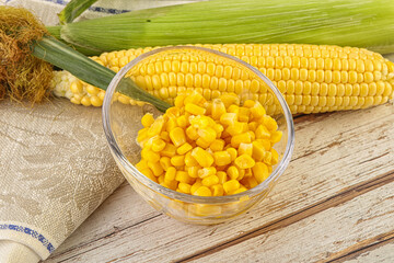 Canned yellow corn in the bowl