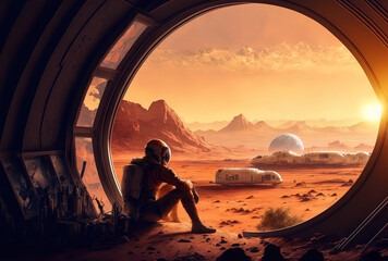 astronaut colony on mars resting and taking in the view. Generative AI - obrazy, fototapety, plakaty