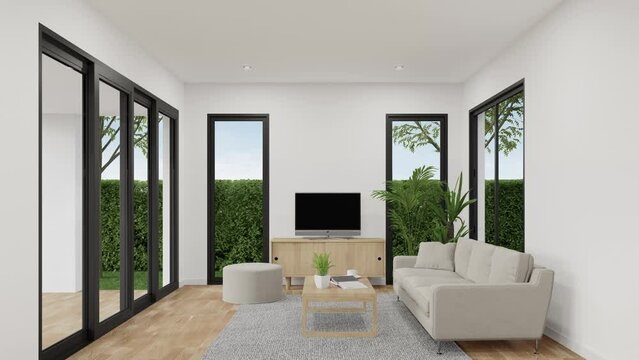 Sofa and carpet on parquet floor of bright living room near window in modern house or apartment. White home interior 3d rendering with garden view.